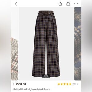 Commense Brown Plaid High-Waisted Pants